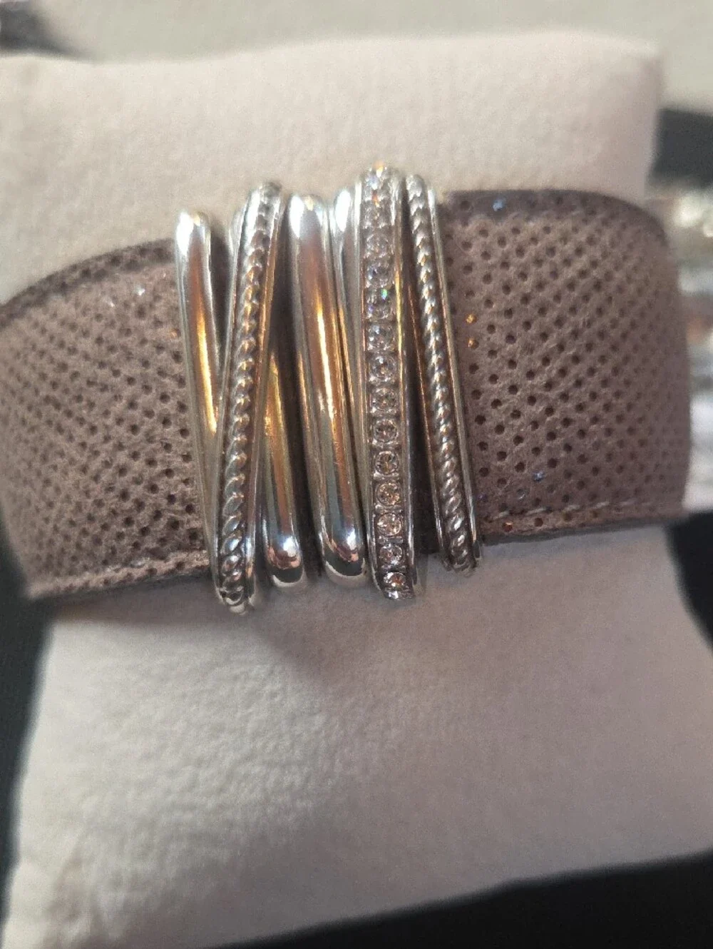 Brighton Taupe Perforated Suede Bracelet with Silver Rhinestone Rings